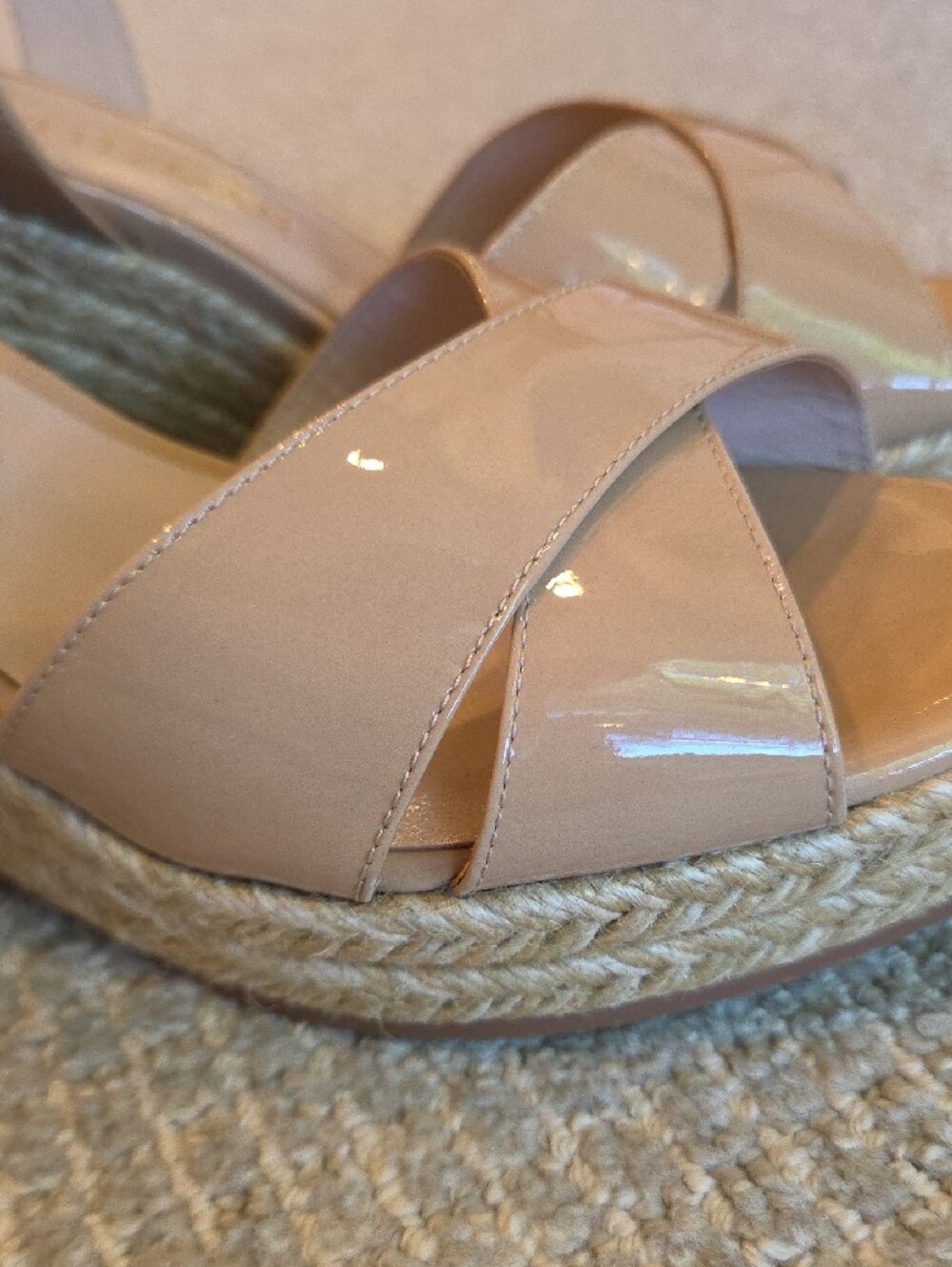 Stuart Weitzman Patent Leather Espadrille Wedge Sandals in Nude - Picture 11 of 14